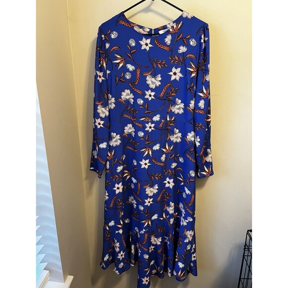 Vince Navy Blue Floral Dress Sz L Women's Long Sleeve Maxi Key Hole Back Lined - Picture 1 of 10